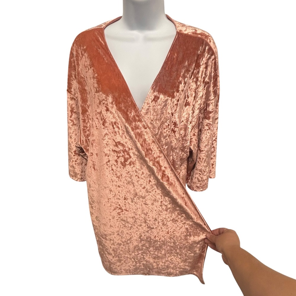 Chelsea Rose Gold Crushed Velvet Wrap Kimono Top Large Pink V-Neck